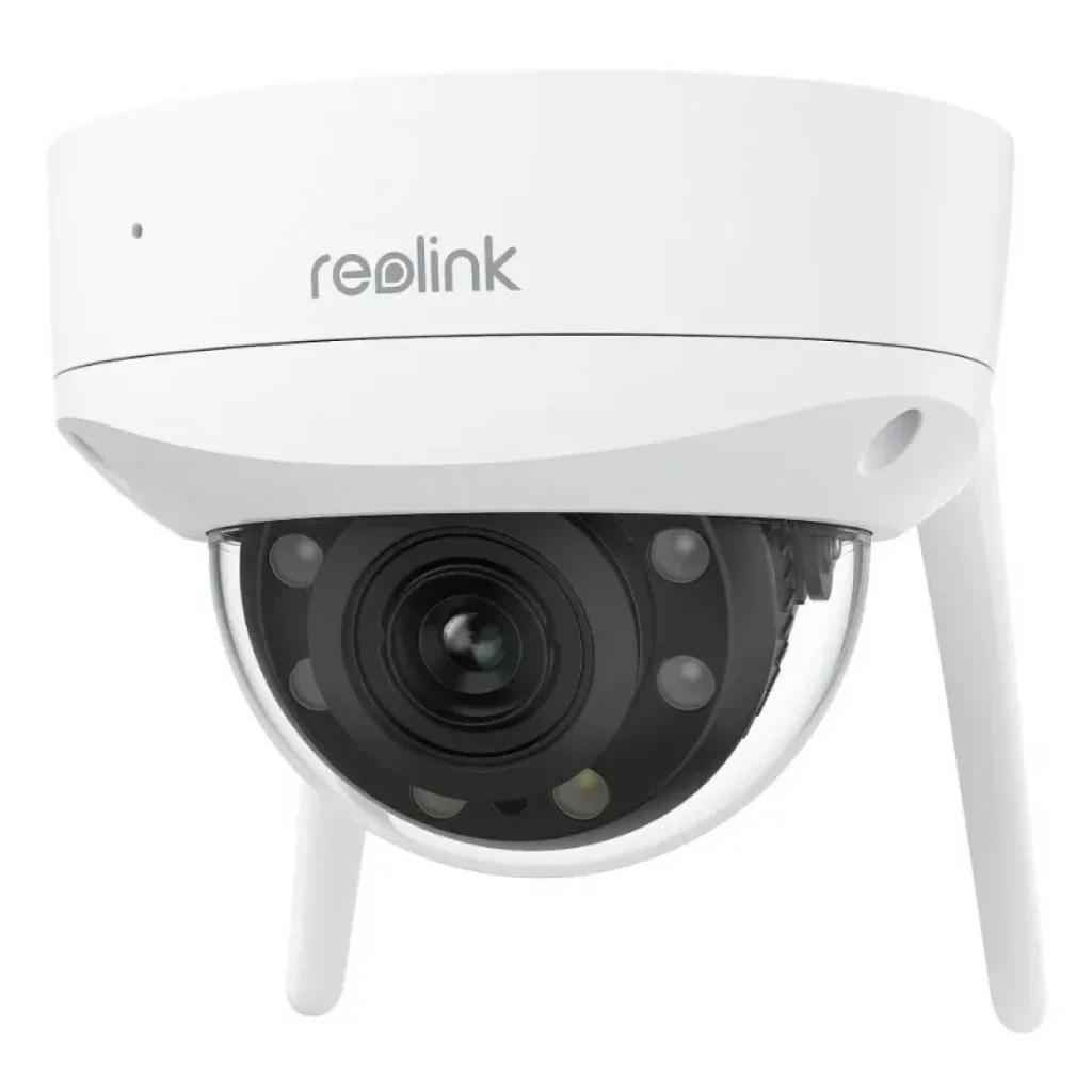Reolink W437 con diseño domo blanco, lente central visible, LEDs infrarrojos y antenas WiFi dobles para exterior