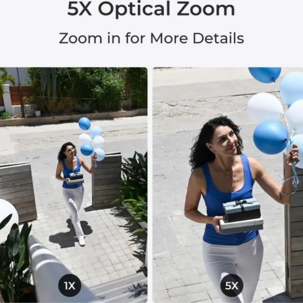 Reolink W437 con zoom óptico 5X; comparación 1X vs 5X mostrando mayor detalle de una persona con globos y regalo en exterior iluminado