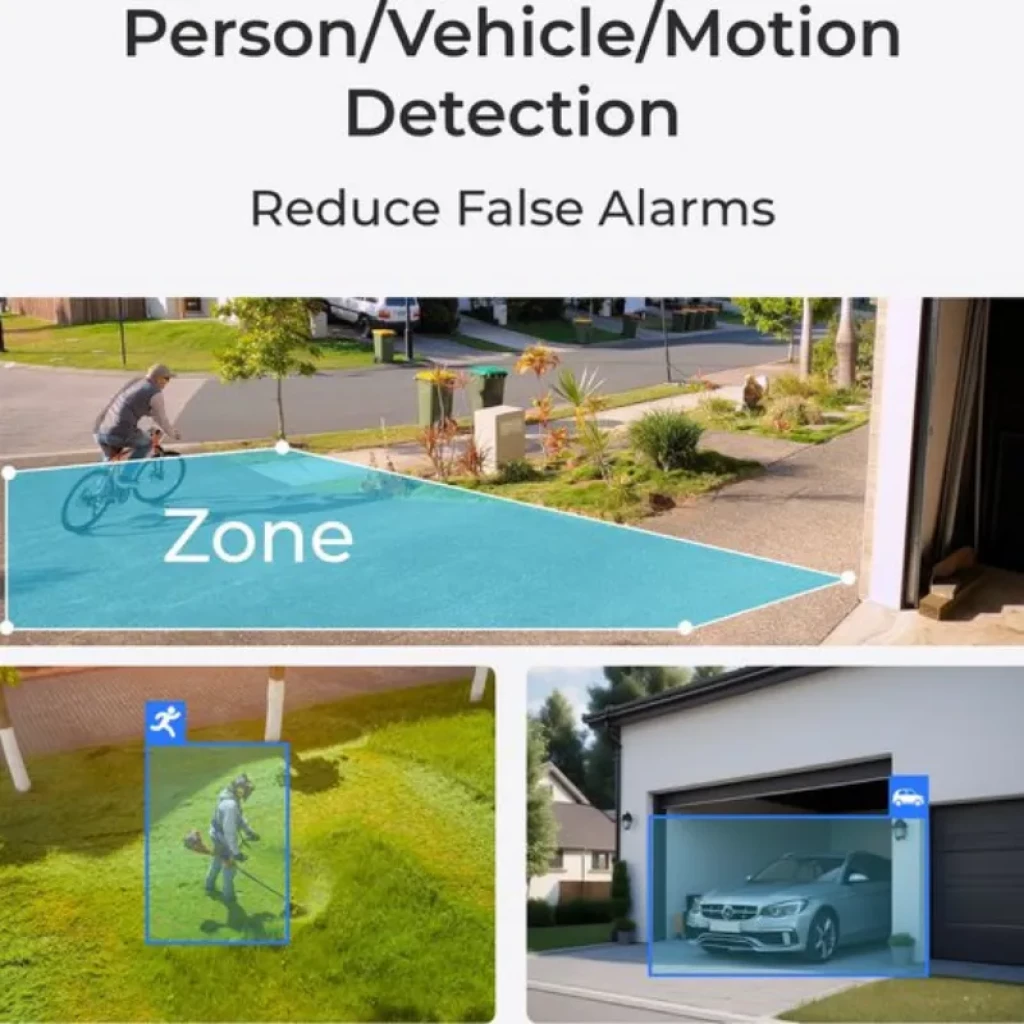 Reolink W437, detección de persona/vehículo/movimiento, zonas inteligentes y reducción de falsas alarmas para exteriores