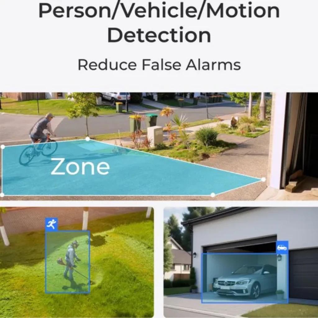 Reolink W437, detección de persona/vehículo/movimiento, zonas inteligentes y reducción de falsas alarmas para exteriores