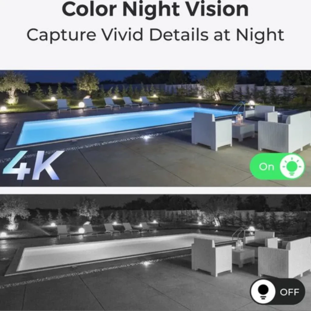 Visión nocturna en color 4K ON/OFF mostrando piscina y patio con detalles nítidos; compara escena iluminada a color vs monocromo para mayor claridad nocturna
