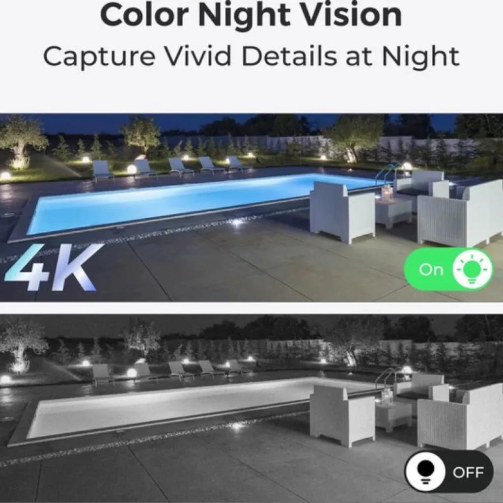 Visión nocturna en color 4K ON/OFF mostrando piscina y patio con detalles nítidos; compara escena iluminada a color vs monocromo para mayor claridad nocturna