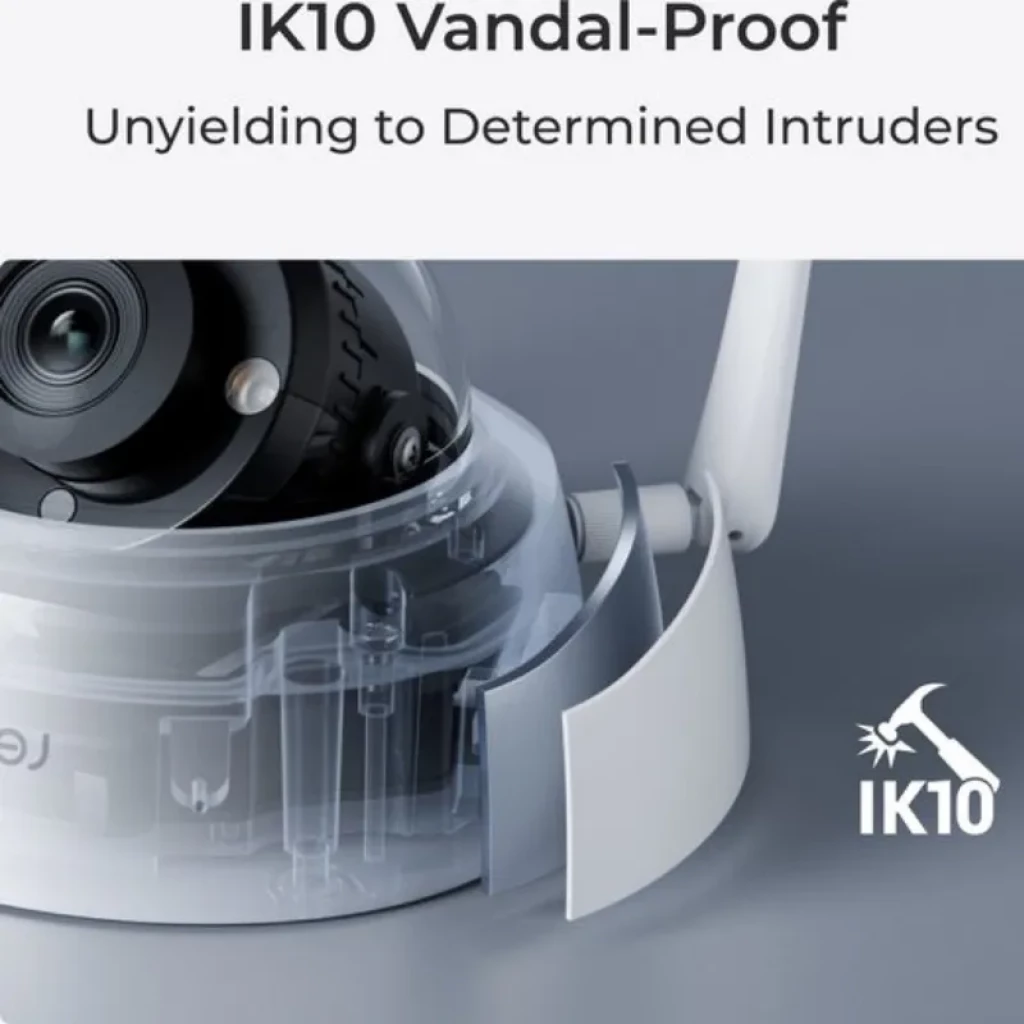 Reolink W437 4K 8MP con zoom óptico 5X, cúpula resistente IK10 antivandalismo, antena WiFi externa y carcasa transparente que muestra componentes internos