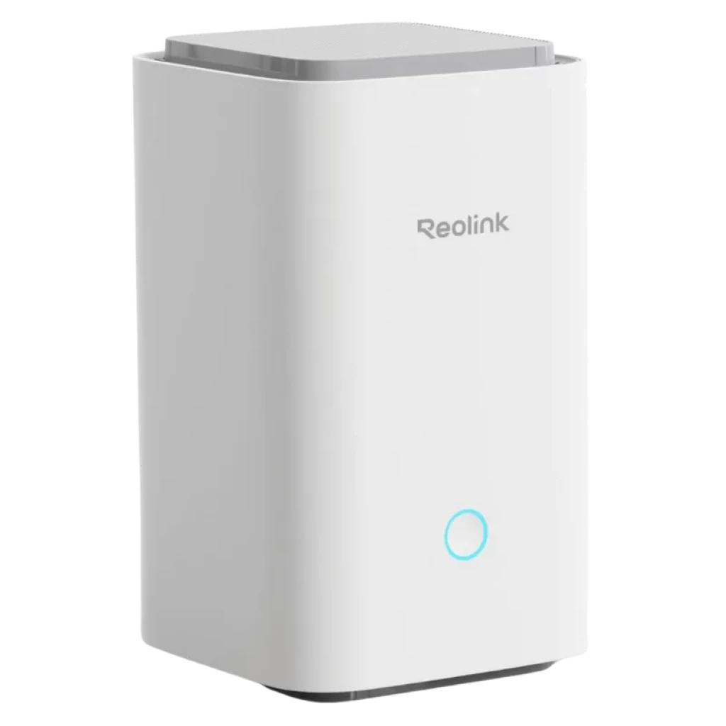 Reolink Home Hub Centro de Control para Cámaras de Seguridad en color blanco, diseño rectangular vertical con logo frontal y aro LED azul en la parte inferior