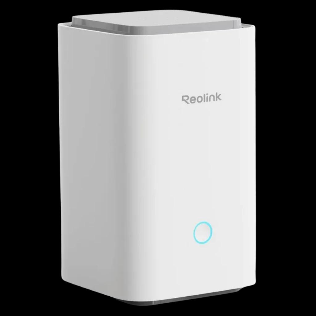 Reolink Home Hub Centro de Control para Cámaras de Seguridad en color blanco, diseño rectangular vertical con logo frontal y aro LED azul en la parte inferior