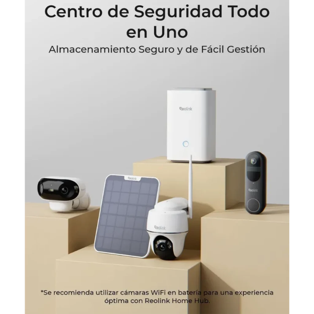Reolink Home Hub, base blanca vertical con logo, puertos traseros y luz LED, junto a cámaras WiFi, timbre y panel solar en pedestales beige