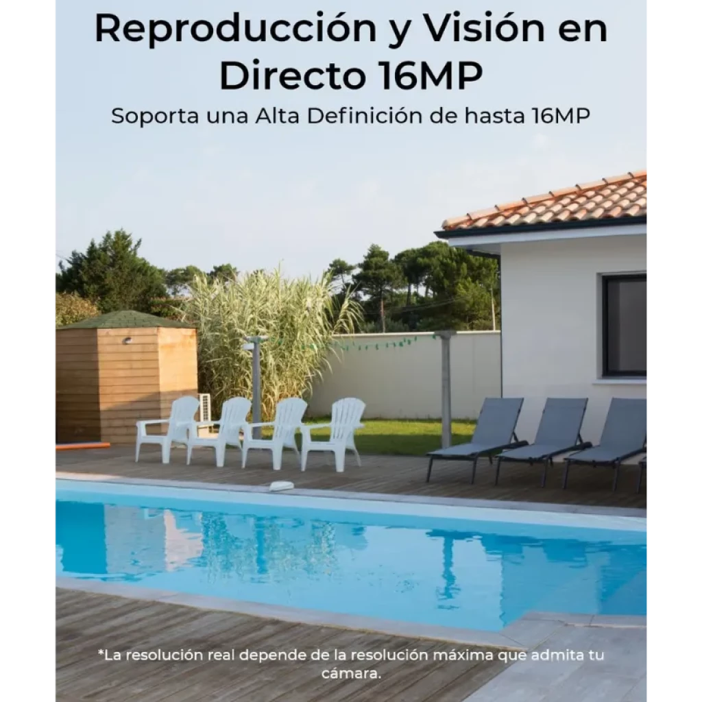 Reolink Home Hub: vista de piscina y jardín desde cámara, muestra reproducción y visión en directo 16MP, alta definición nítida para exteriores