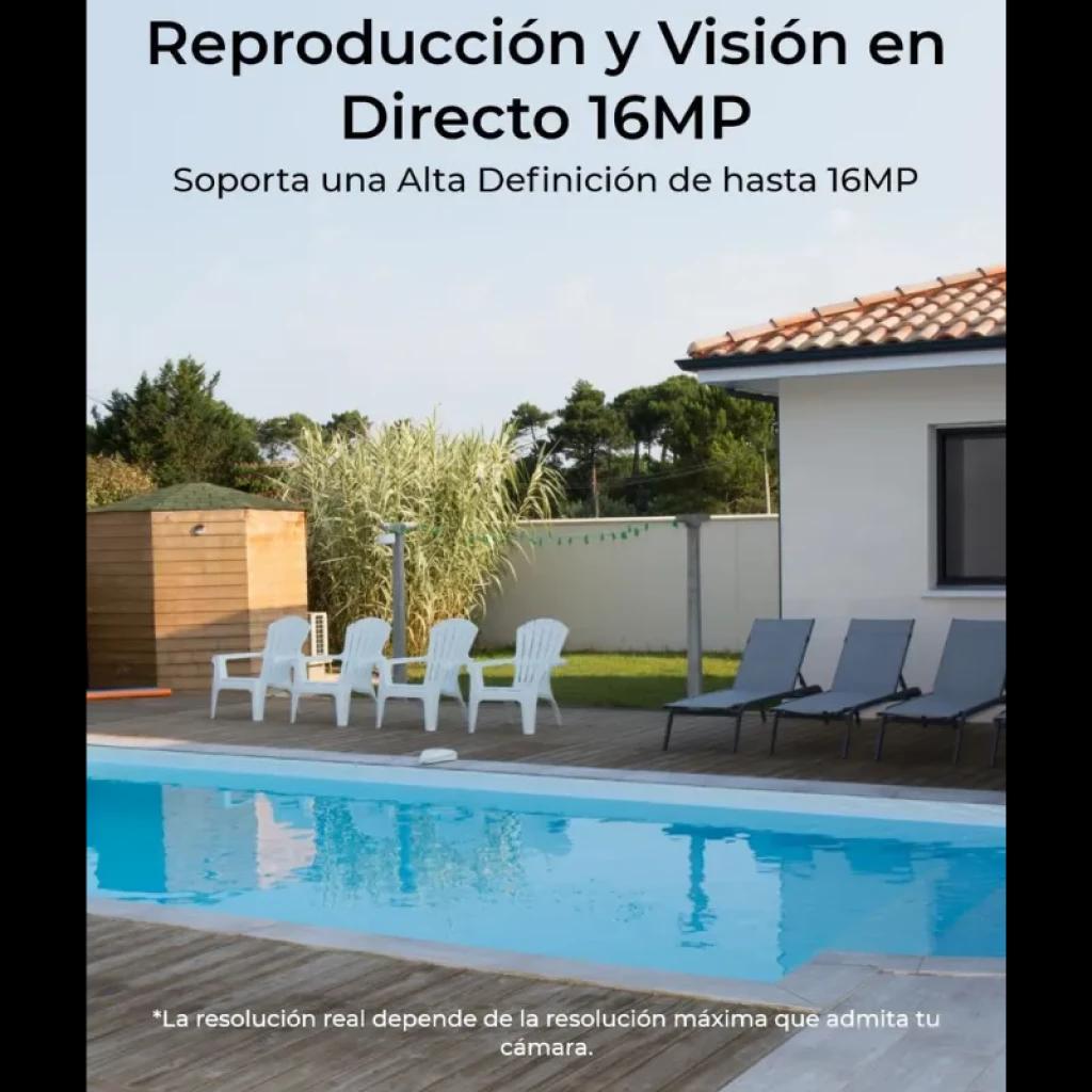 Reolink Home Hub: vista de piscina y jardín desde cámara, muestra reproducción y visión en directo 16MP, alta definición nítida para exteriores