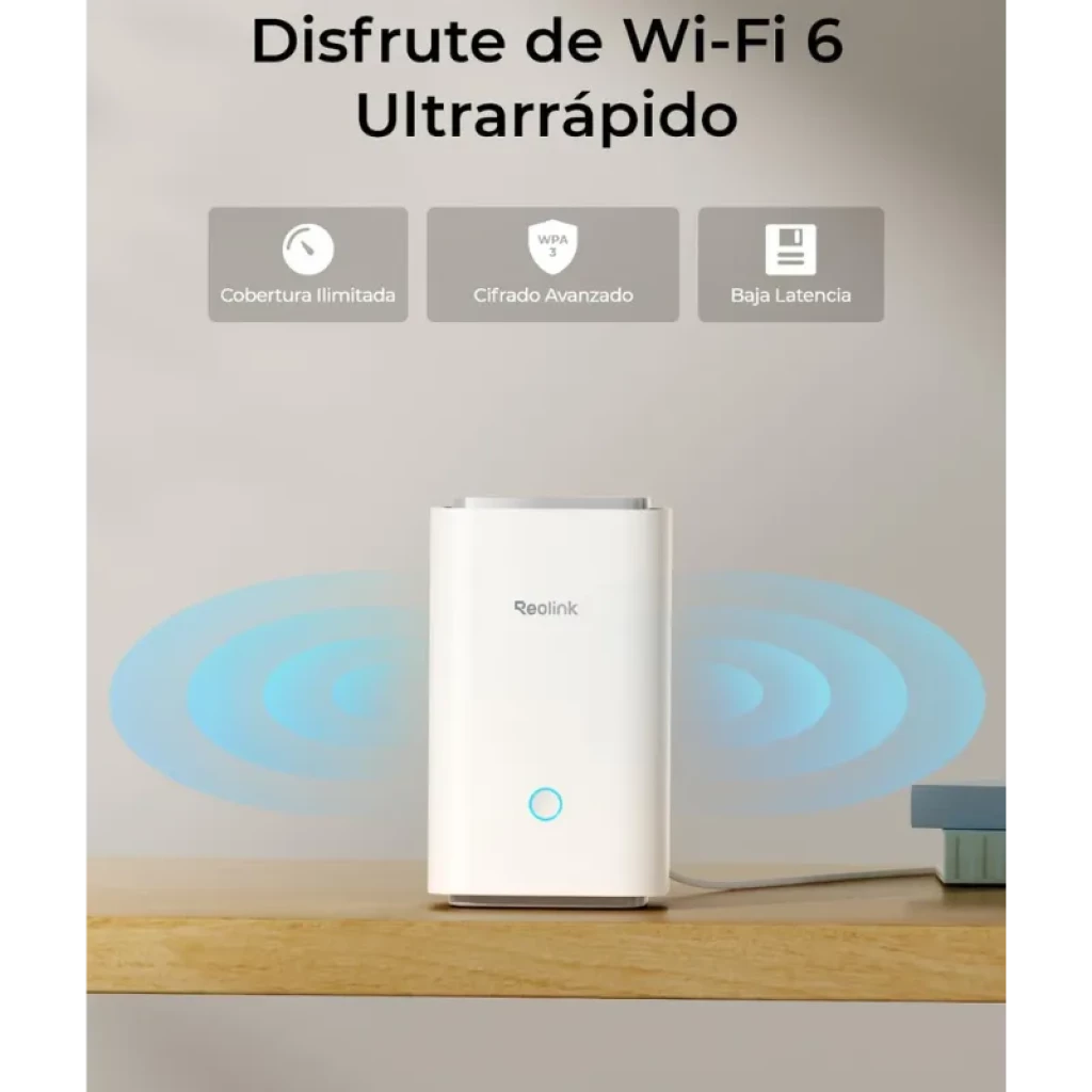 Hub Reolink blanco con luz LED frontal, antenas internas y señal Wi‑Fi 6 ilustrada con ondas azules