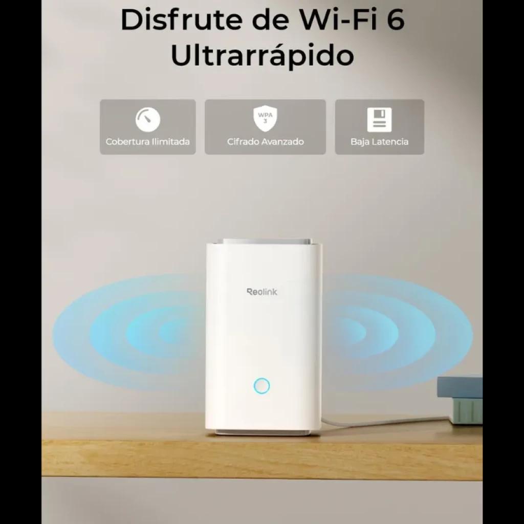 Hub Reolink blanco con luz LED frontal, antenas internas y señal Wi‑Fi 6 ilustrada con ondas azules