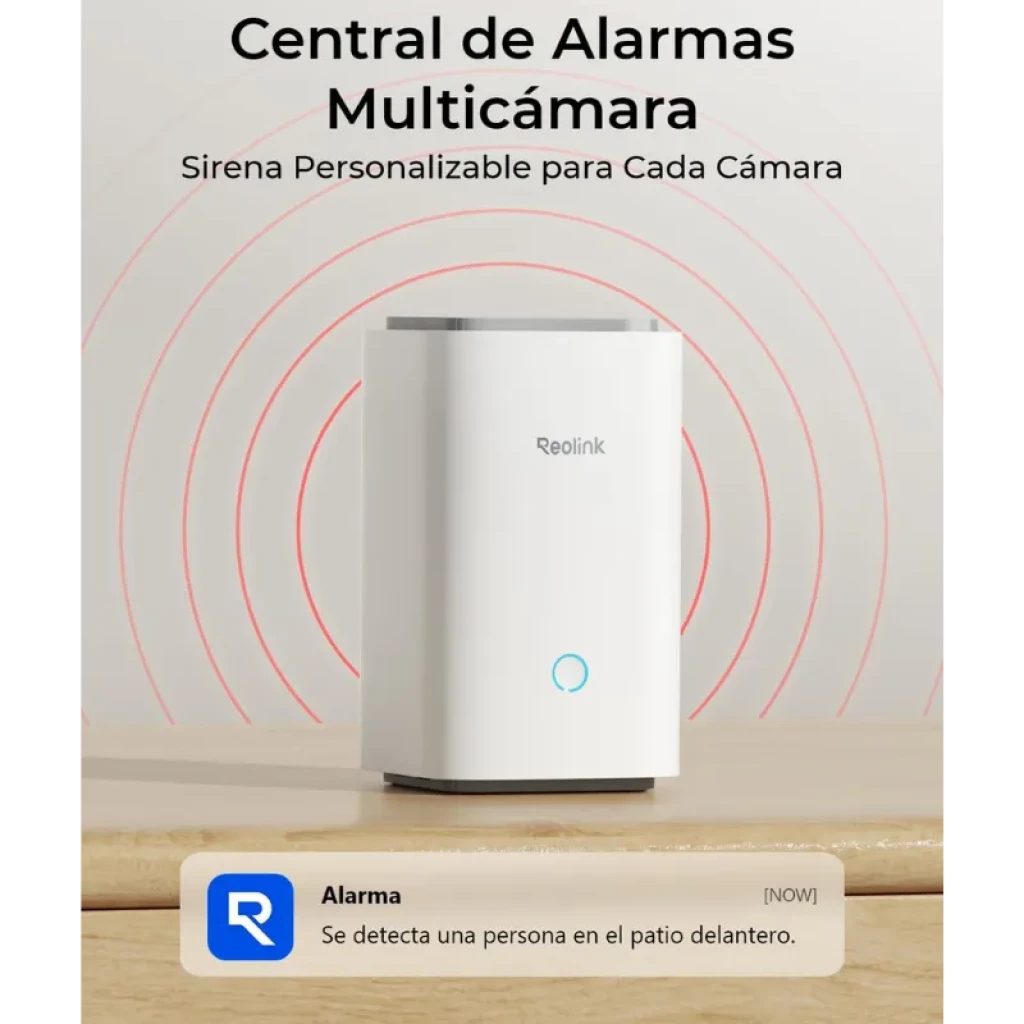 Reolink Home Hub, caja blanca vertical con luz LED azul frontal y ondas rojas indicando alarma personalizada