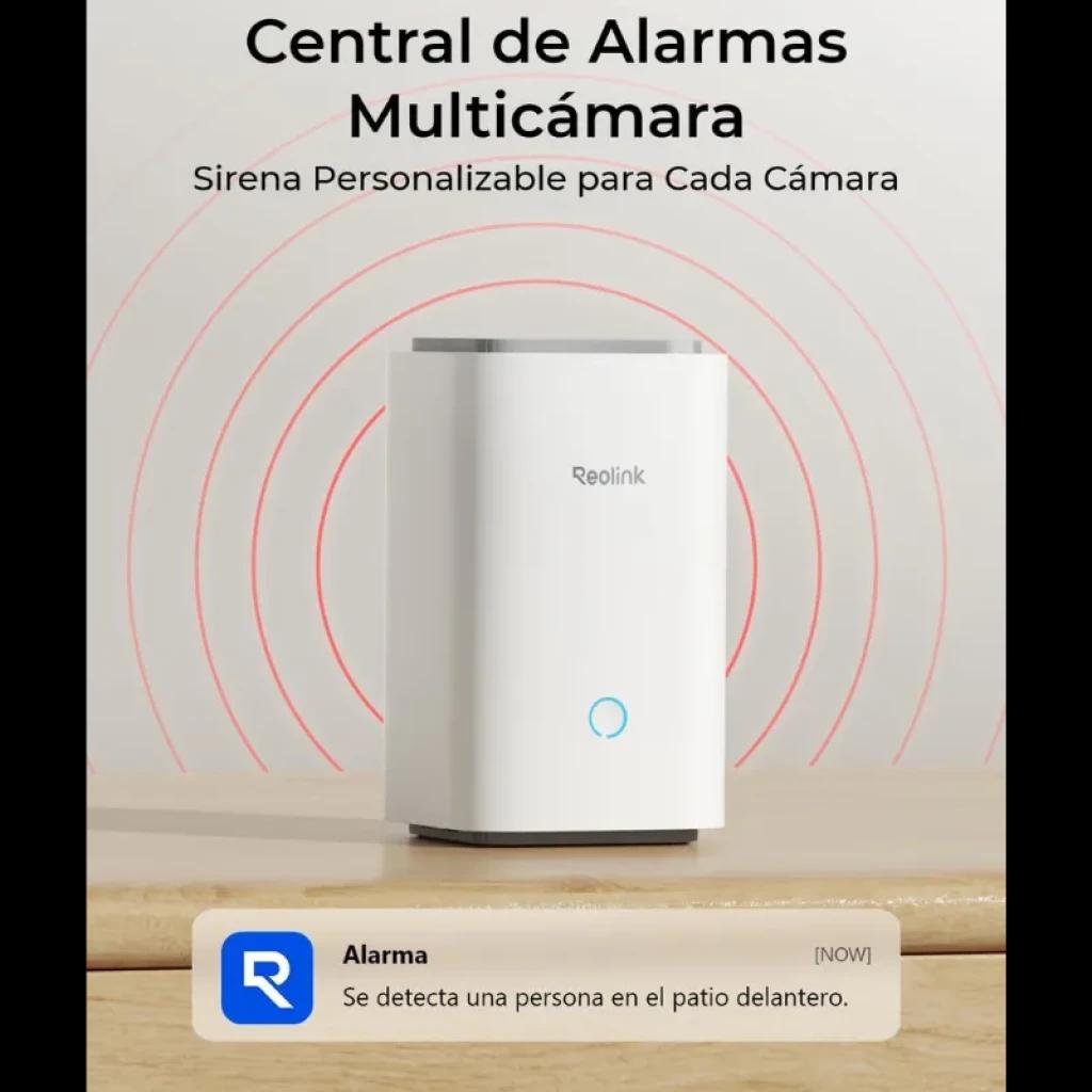 Reolink Home Hub, caja blanca vertical con luz LED azul frontal y ondas rojas indicando alarma personalizada