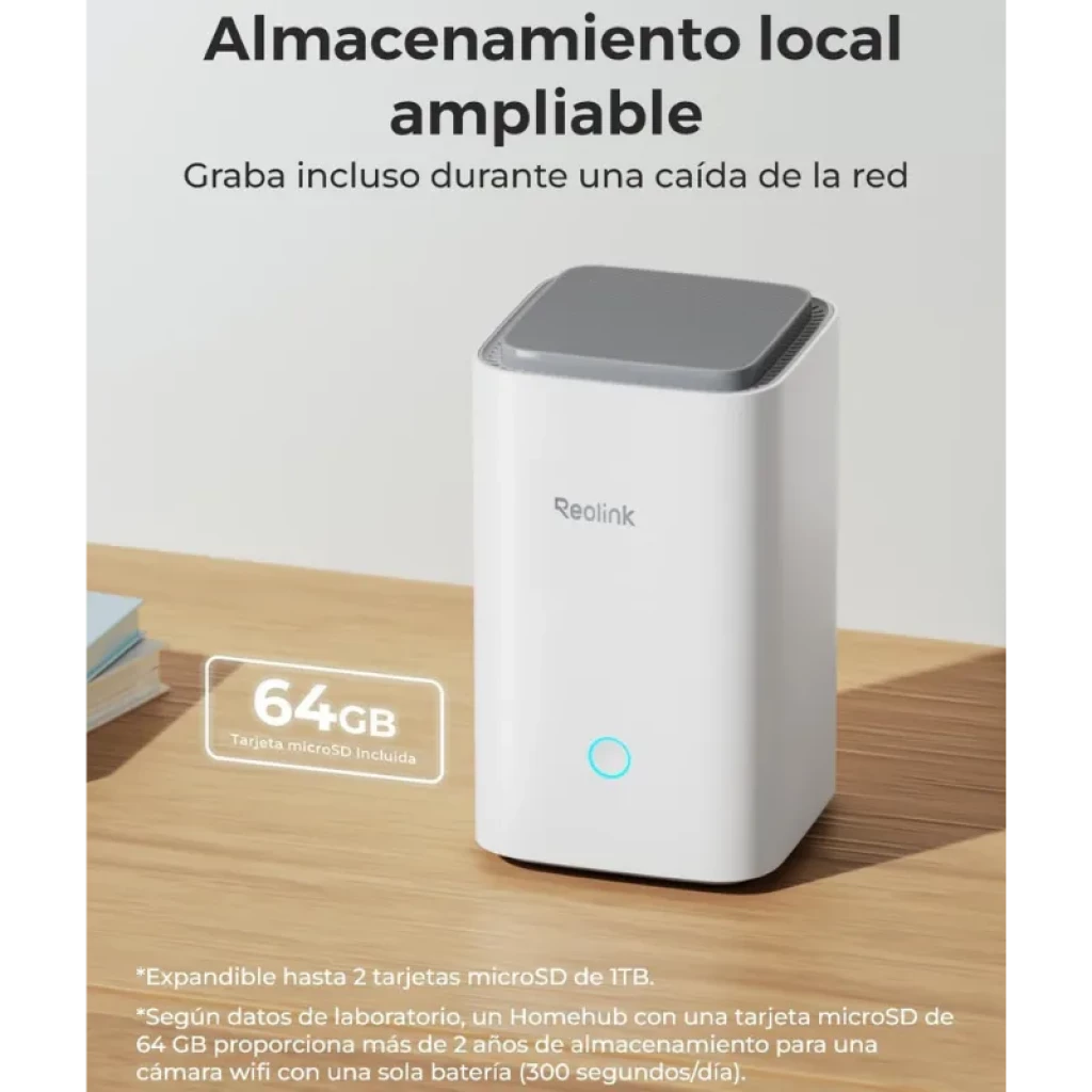 Reolink Home Hub centro de control blanco con luz LED azul y ranura microSD 64 GB incluida, diseño compacto vertical con tapa gris y texto de almacenamiento