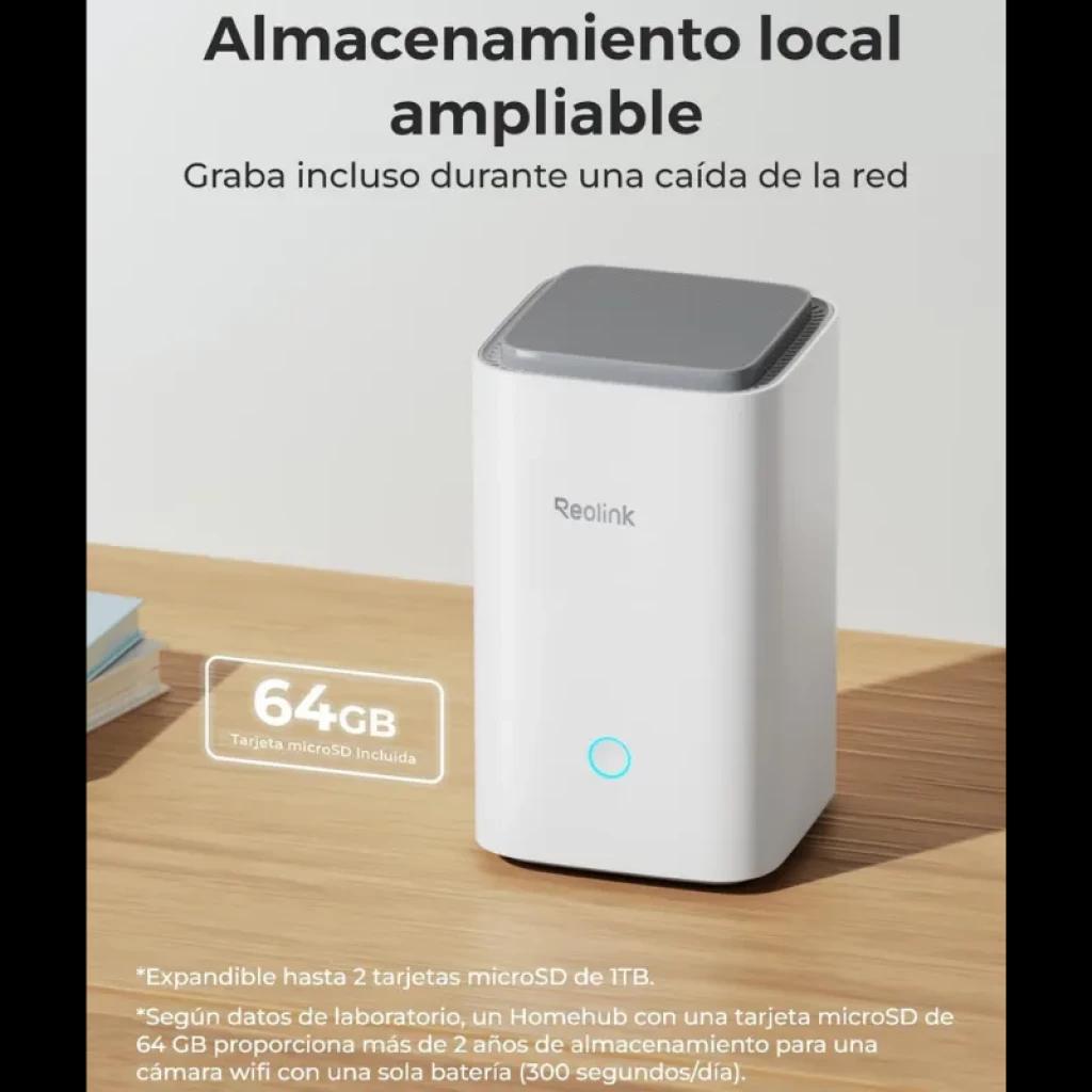 Reolink Home Hub centro de control blanco con luz LED azul y ranura microSD 64 GB incluida, diseño compacto vertical con tapa gris y texto de almacenamiento