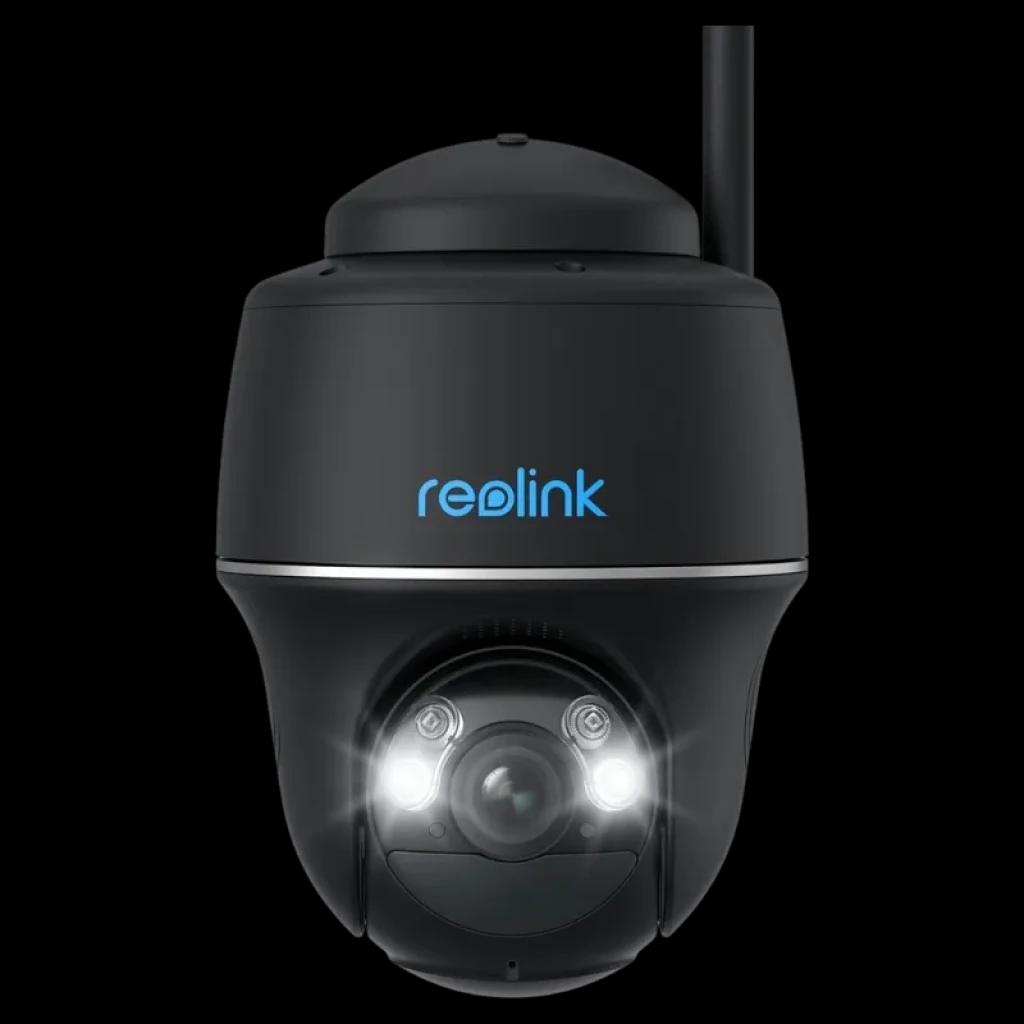 Cámara PTZ exterior negra con logo reolink, antena, lente central 5MP, dos focos LED frontales y sensor IR