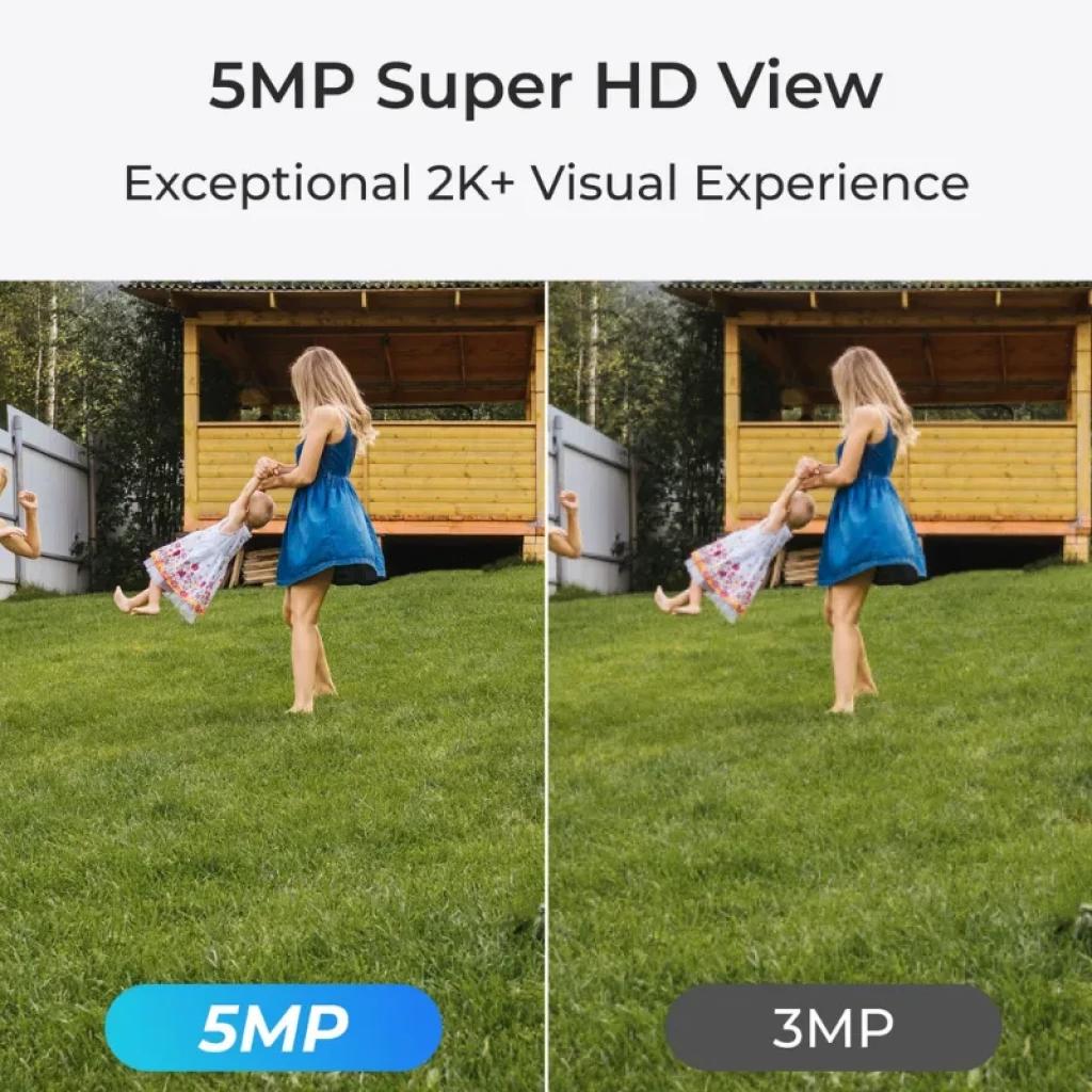 Gráfico comparativo de calidad 5MP vs 3MP: dos fotos lado a lado al aire libre muestran mayor nitidez y detalle en 5MP Super HD para la cámara Reolink B430-B