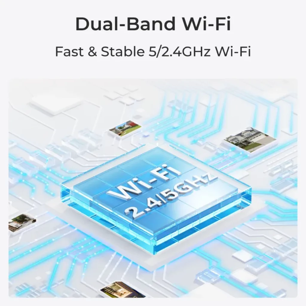 Módulo Dual-Band Wi‑Fi destacado en chip azul con texto 2.4/5 GHz, diseño tecnológico sobre placa de circuitos, resalta conexión rápida y estable
