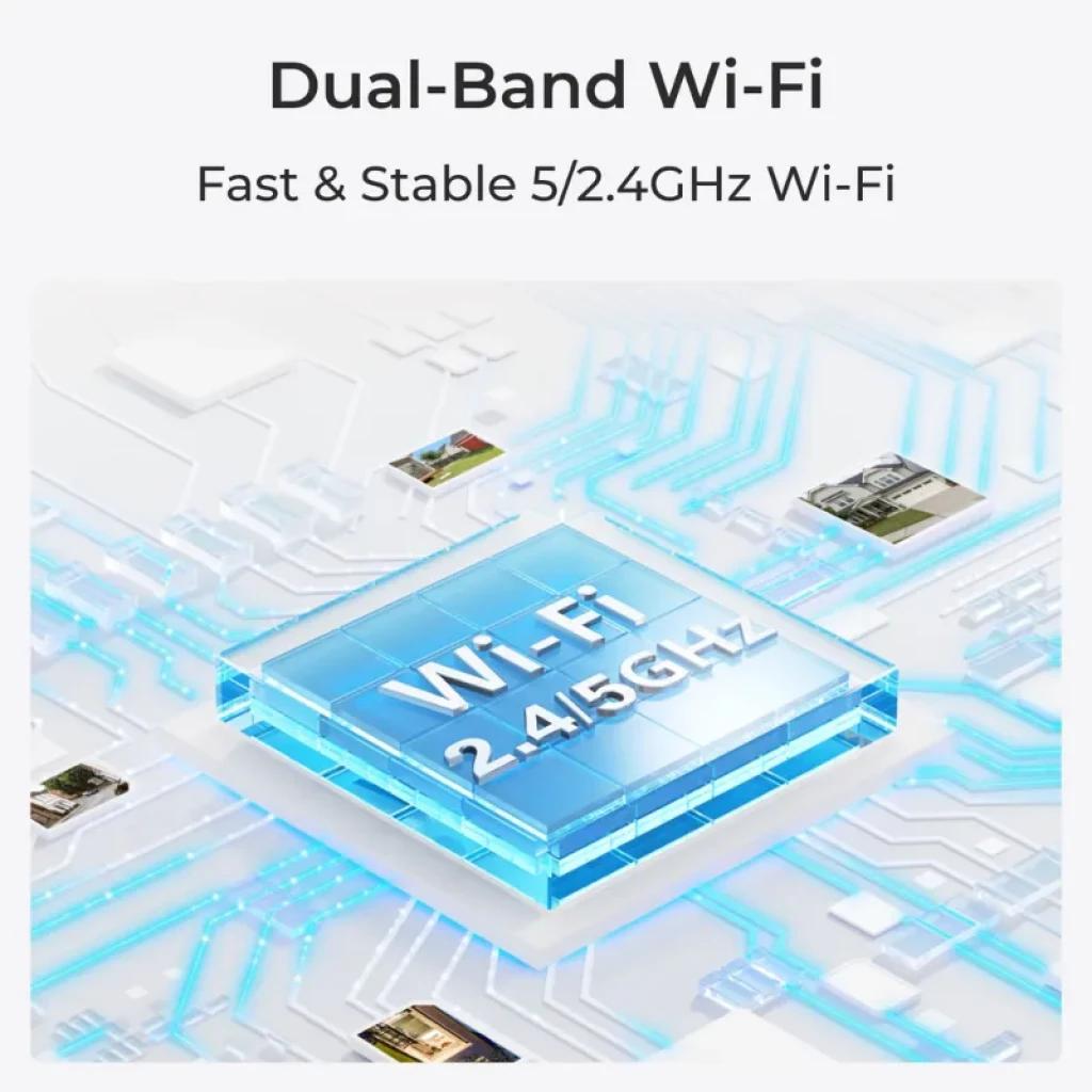 Módulo Dual-Band Wi‑Fi destacado en chip azul con texto 2.4/5 GHz, diseño tecnológico sobre placa de circuitos, resalta conexión rápida y estable