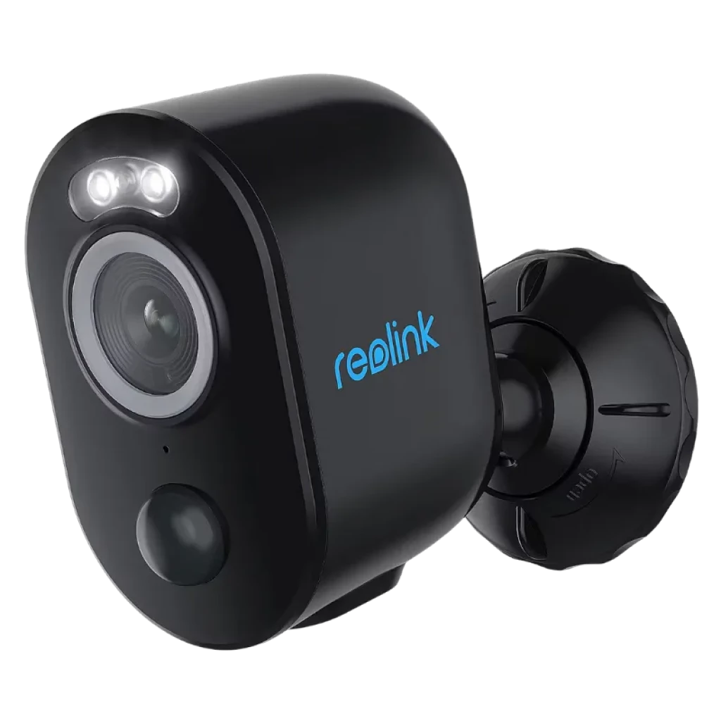 Reolink Argus Series B330-B con cuerpo negro compacto y foco LED dual, lente gran angular, sensor PIR frontal y soporte ajustable para exterior