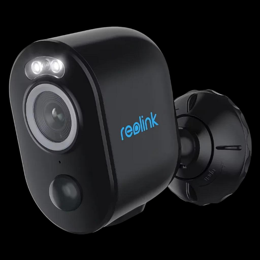 Reolink Argus Series B330-B con cuerpo negro compacto y foco LED dual, lente gran angular, sensor PIR frontal y soporte ajustable para exterior