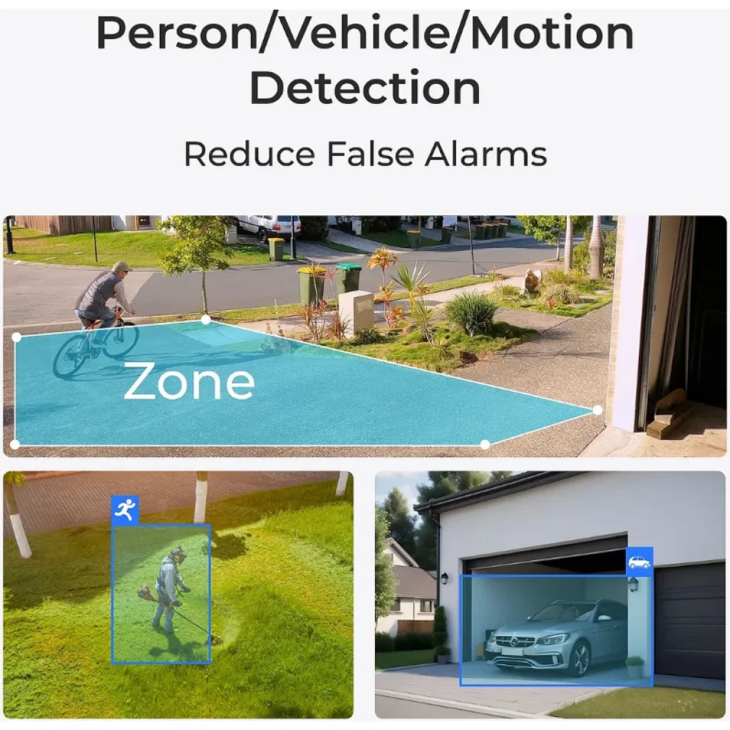 Detección inteligente de persona, vehículo y movimiento con zonas configurables para reducir falsas alarmas en exteriores y garaje