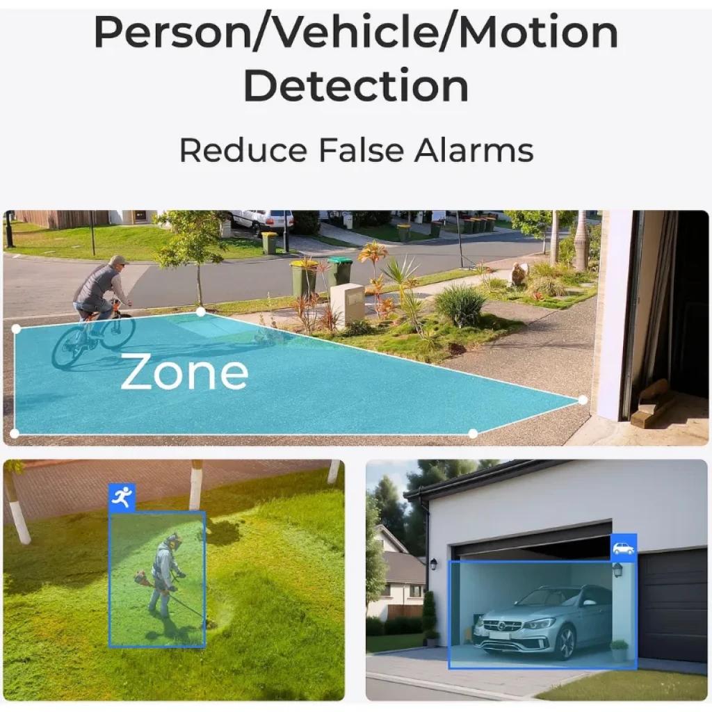 Detección inteligente de persona, vehículo y movimiento con zonas configurables para reducir falsas alarmas en exteriores y garaje