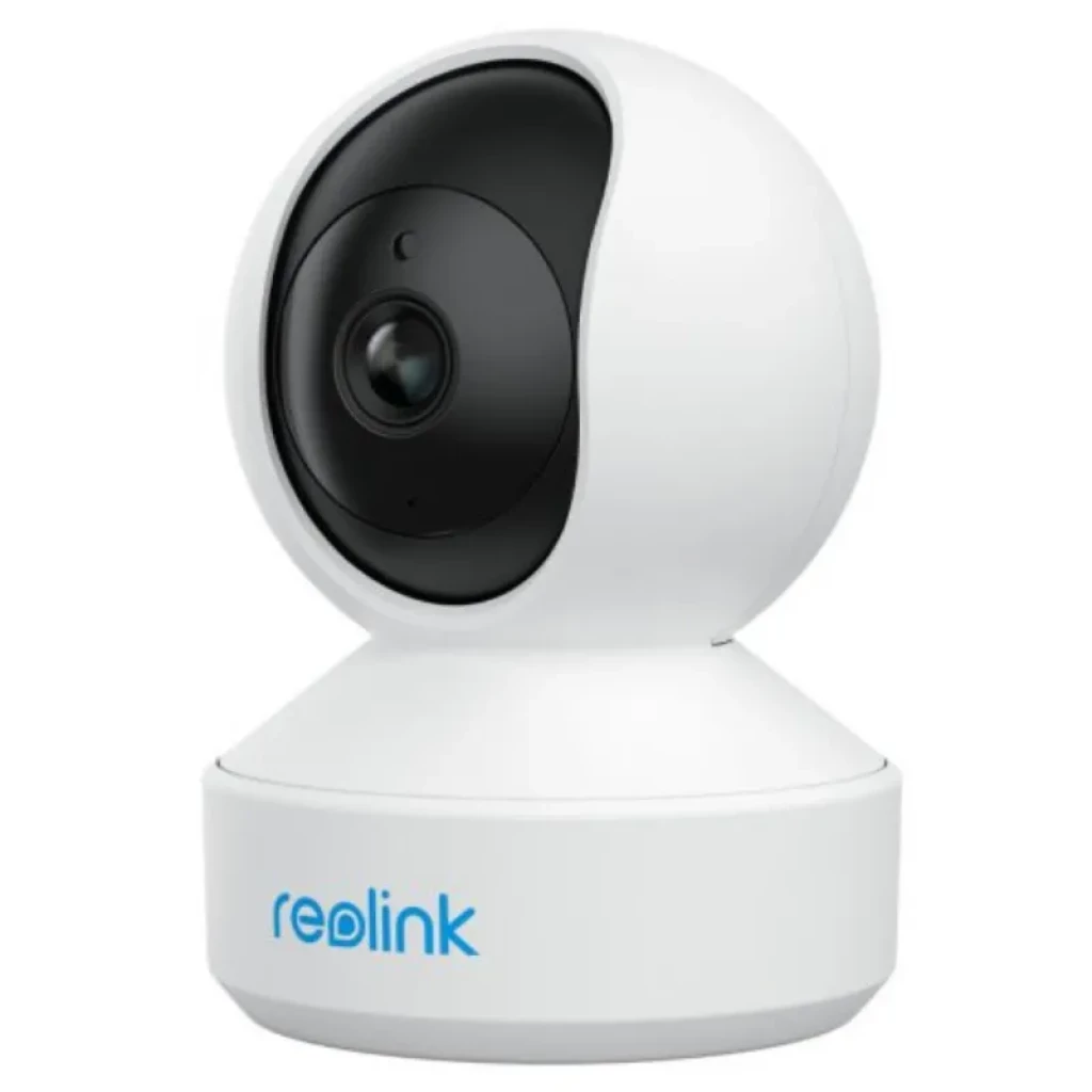 Cámara Reolink E Series E320 3MP, esfera blanca con lente negro, base estable, WiFi, visión nocturna IR, diseño PT para vigilancia interior