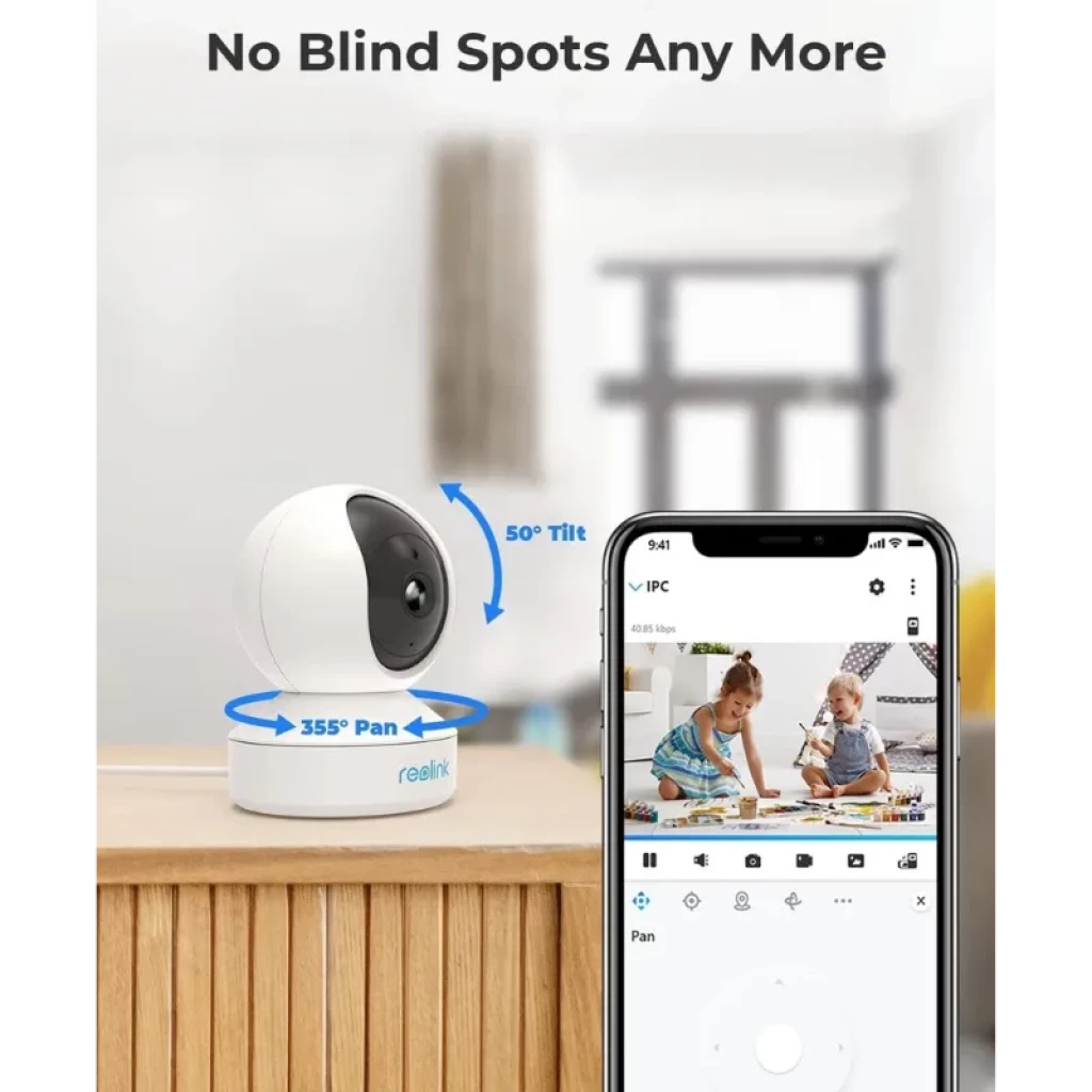 Reolink E Series E320 3MP: cámara IP WiFi con giro 355° y tilt 50°, lente negro/blanco, visión nocturna IR, control desde app móvil y diseño compacto
