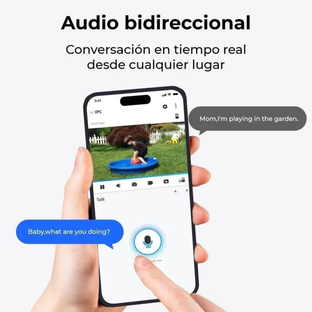 Smartphone mostrando app de cámara Reolink Argus Series B420 con audio bidireccional, vista en vivo, micrófono táctil y notificaciones de conversación