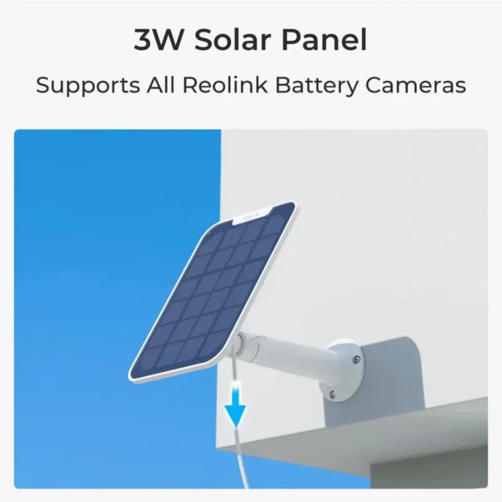 Painel solar de 3 W para câmaras Reolink com bateria, cor branca, montagem na parede com braço branco e cabo, design fino para exteriores e carregamento contínuo