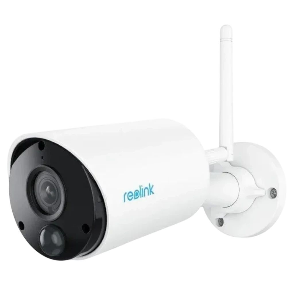 Reolink Argus Series B320 Blanca 3MP para exterior con carcasa cilíndrica, antena WiFi, base ajustable y frontal negro con lente y sensor inferiores