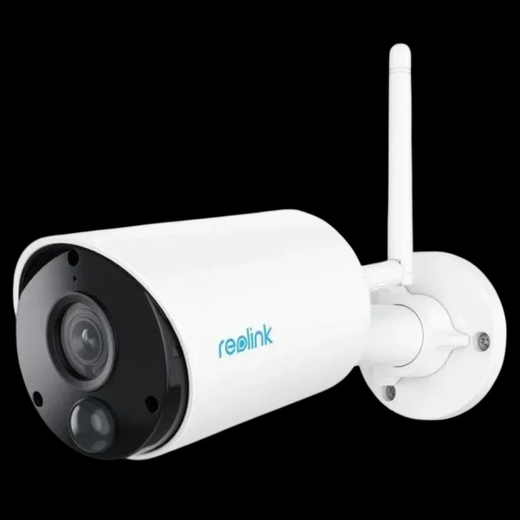 Reolink Argus Series B320 Branca 3MP para exterior com caixa cilíndrica, antena WiFi, base ajustável e frente preta com lente e sensor inferiores