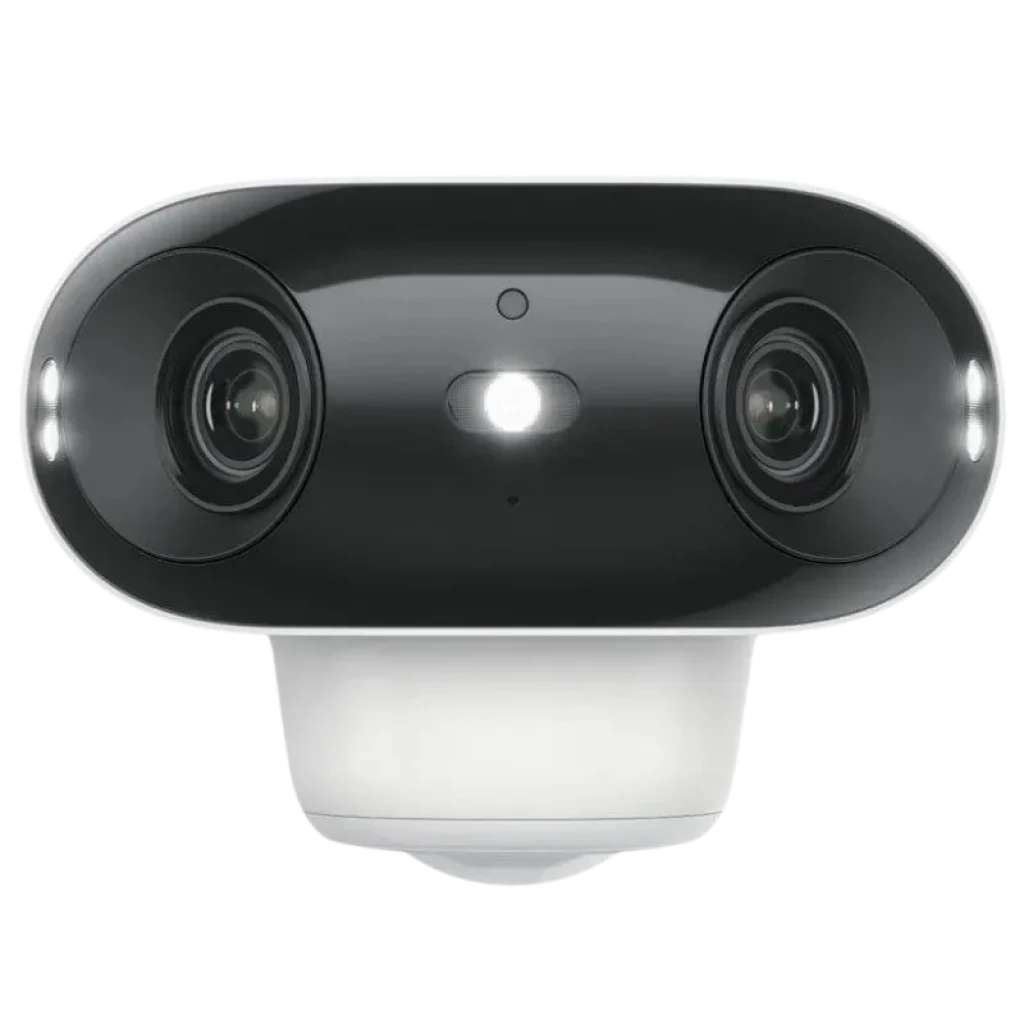 Reolink Argus Series B740X blanca con doble lente frontal, LED central y sensores, diseño orientable, ideal para vigilancia amplia en exteriores