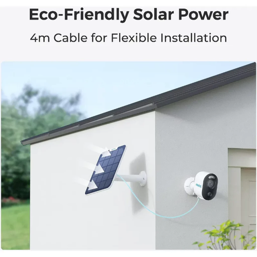 Cámara Reolink Argus Series B310 3MP con panel solar, cable de 4 m, visión nocturna a color y diseño exterior IP65 montada en pared blanca