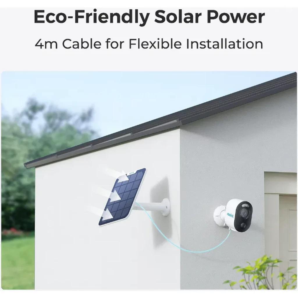 Cámara Reolink Argus Series B310 3MP con panel solar, cable de 4 m, visión nocturna a color y diseño exterior IP65 montada en pared blanca