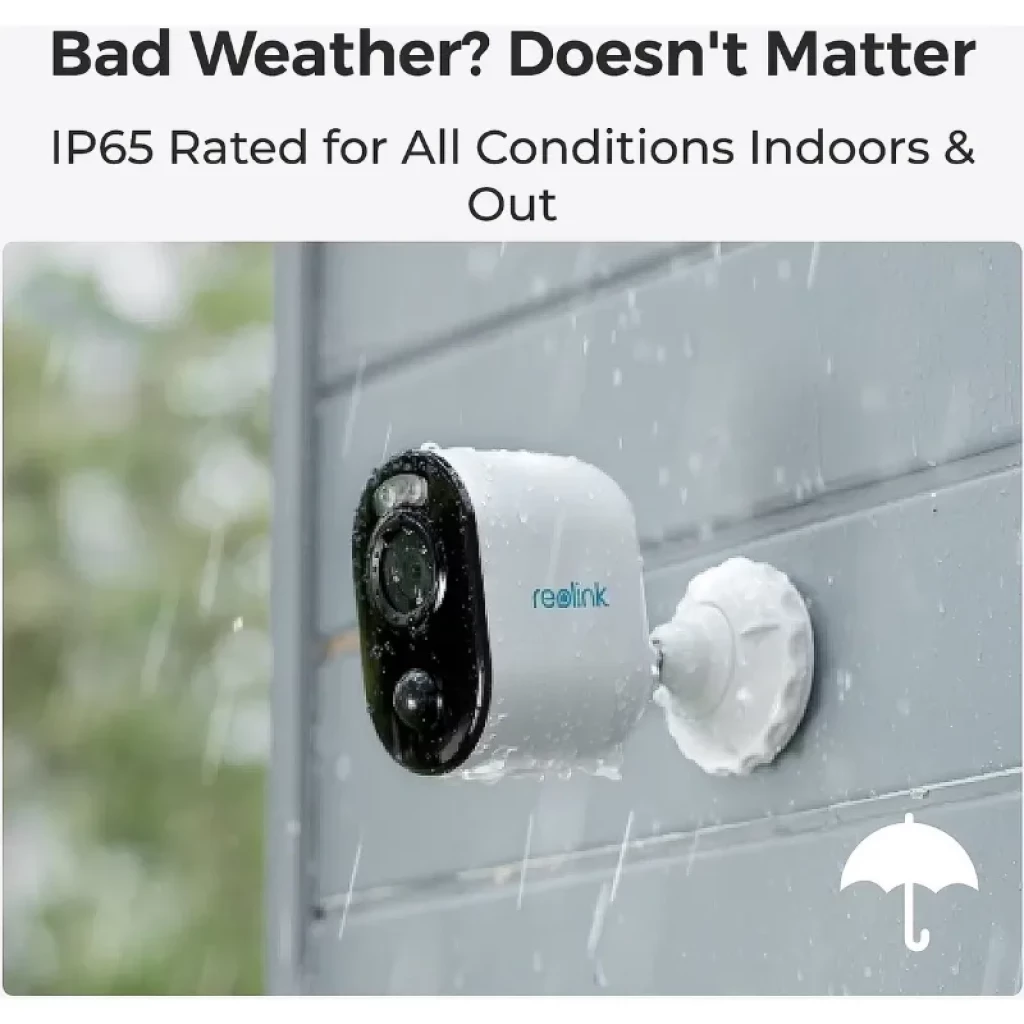 Cámara Reolink Argus Series B310 3MP, visión nocturna a color, carcasa blanca, lente y sensor frontales, montaje en pared, resistente al agua IP65 bajo lluvia