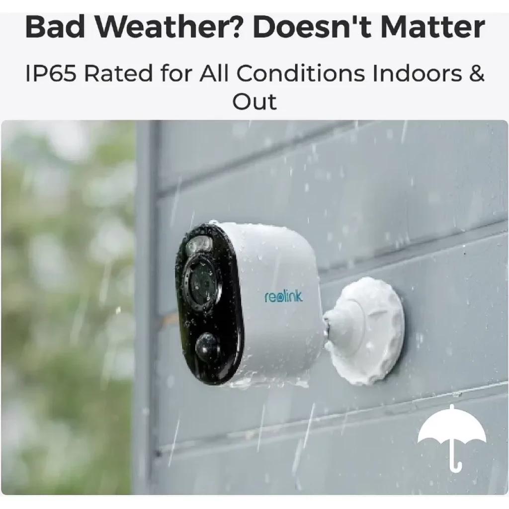Cámara Reolink Argus Series B310 3MP, visión nocturna a color, carcasa blanca, lente y sensor frontales, montaje en pared, resistente al agua IP65 bajo lluvia