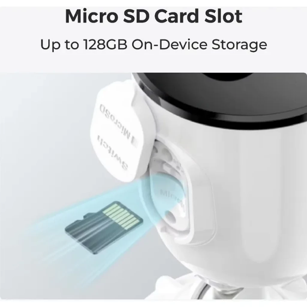 Ranura microSD integrada hasta 128 GB en cámara Reolink Argus Series B310; tapa protectora, diseño blanco, montaje exterior IP65, visión nocturna a color 3MP