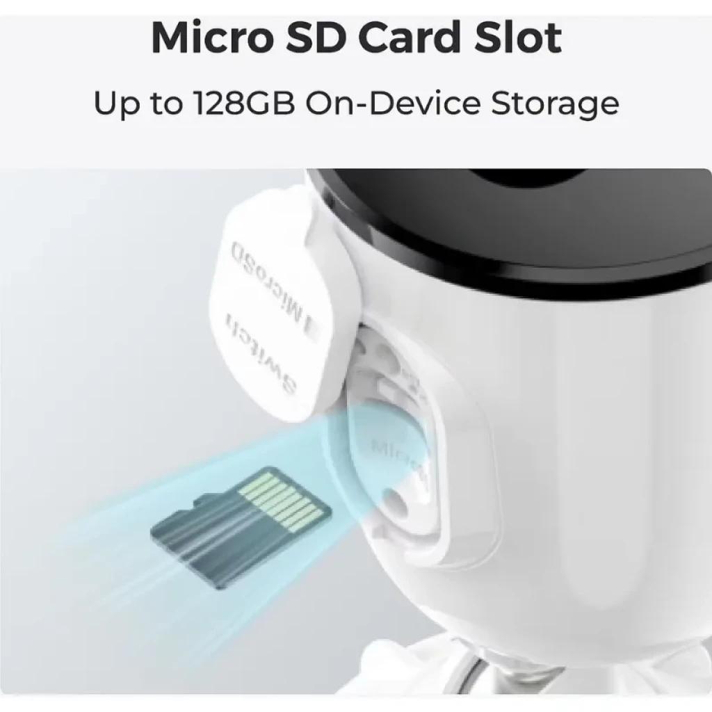 Ranura microSD integrada hasta 128 GB en cámara Reolink Argus Series B310; tapa protectora, diseño blanco, montaje exterior IP65, visión nocturna a color 3MP