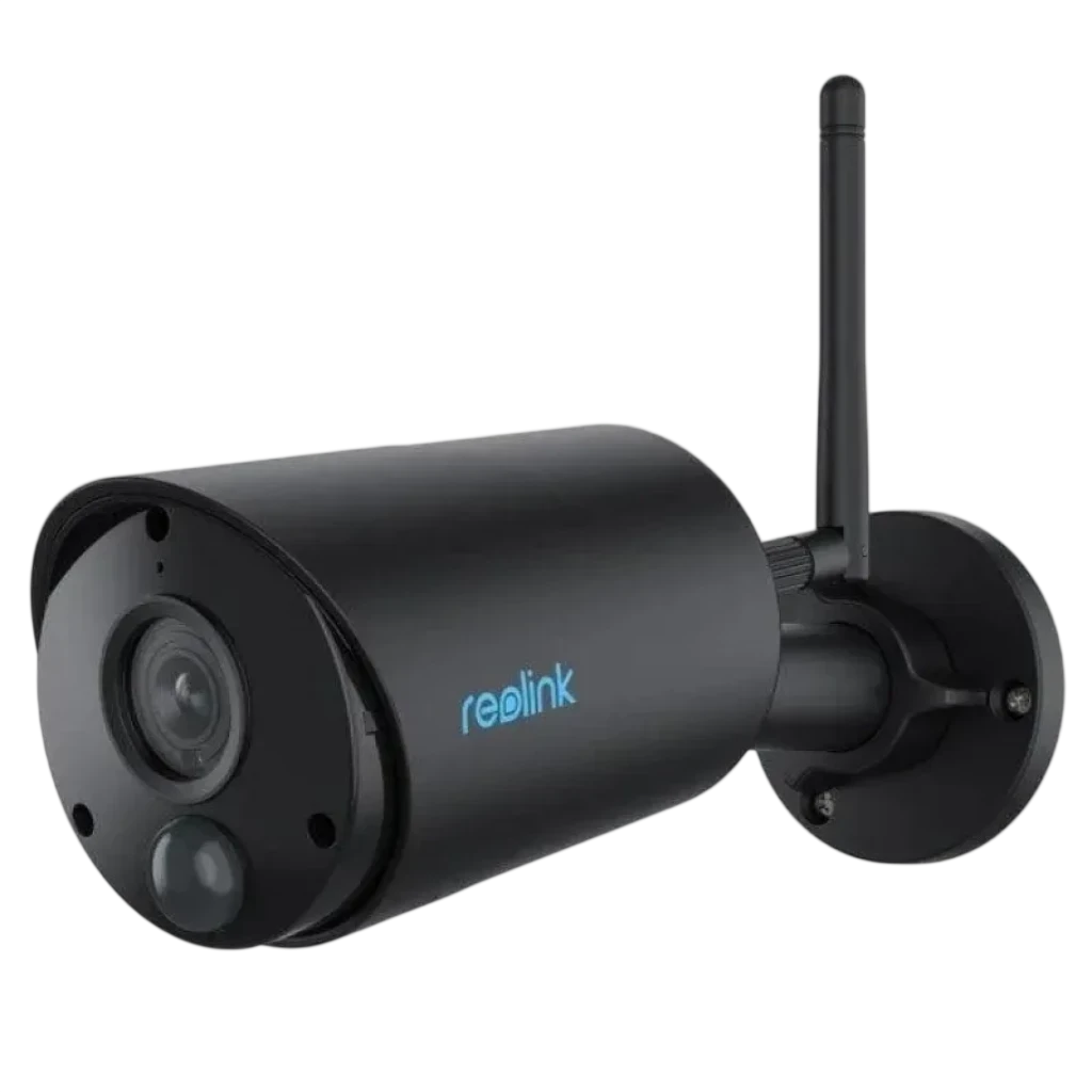 Cámara Reolink Argus Series B320-B negra 3MP para exterior, diseño cilíndrico con antena WiFi, lente frontal y sensor inferior, compatible con Google