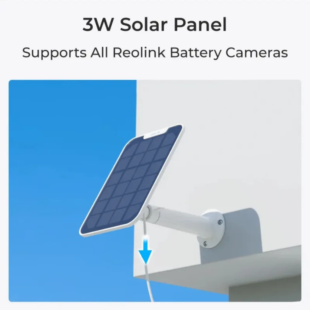 Panel solar 3W para cámaras Reolink a batería, color negro, montado en pared con brazo blanco y cable, diseño delgado para exteriores y carga continua