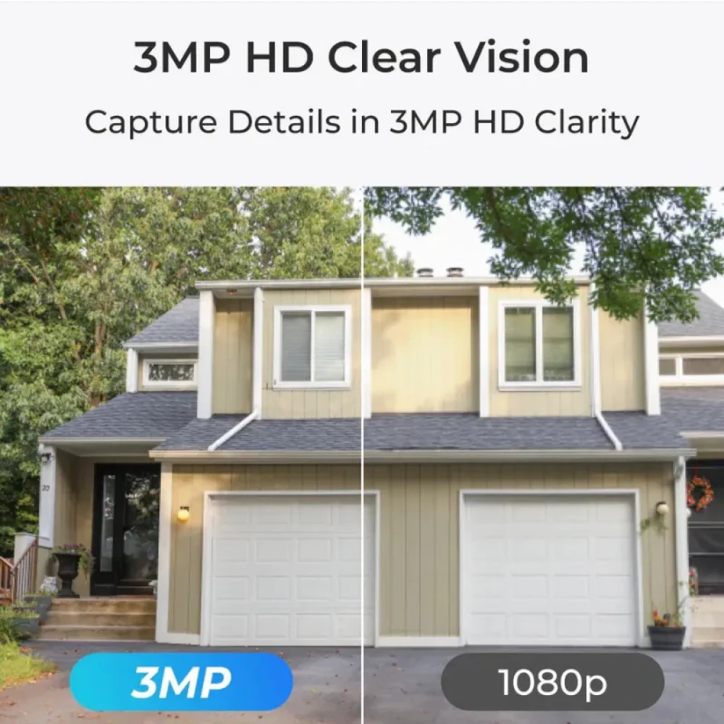 Reolink Argus Series B320-B Negro 3MP, cámara exterior con visión nítida 3MP HD; compara claridad 3MP vs 1080p mostrando más detalle en fachada y entorno