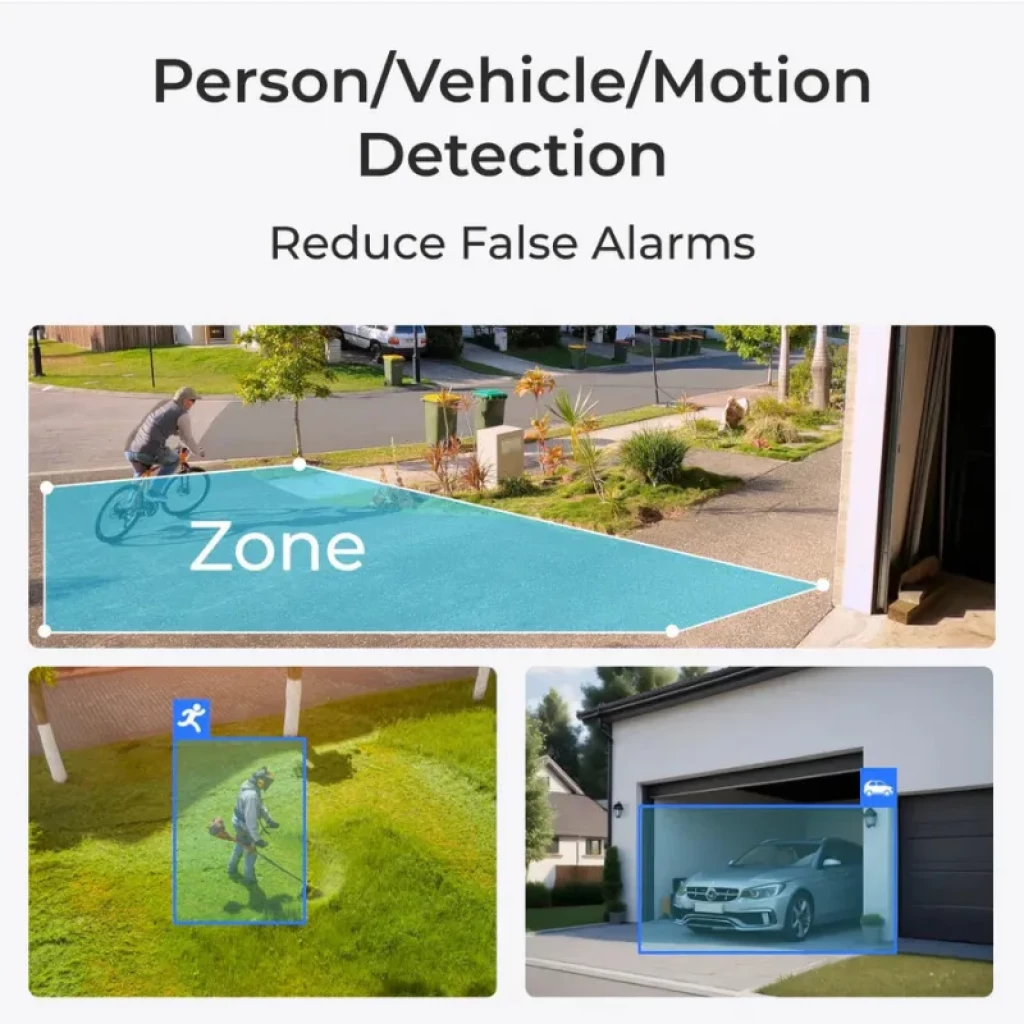 Interfaz de detección inteligente con zonas configurables para personas, vehículos y movimiento, mostrando alertas en exterior y garaje para la cámara