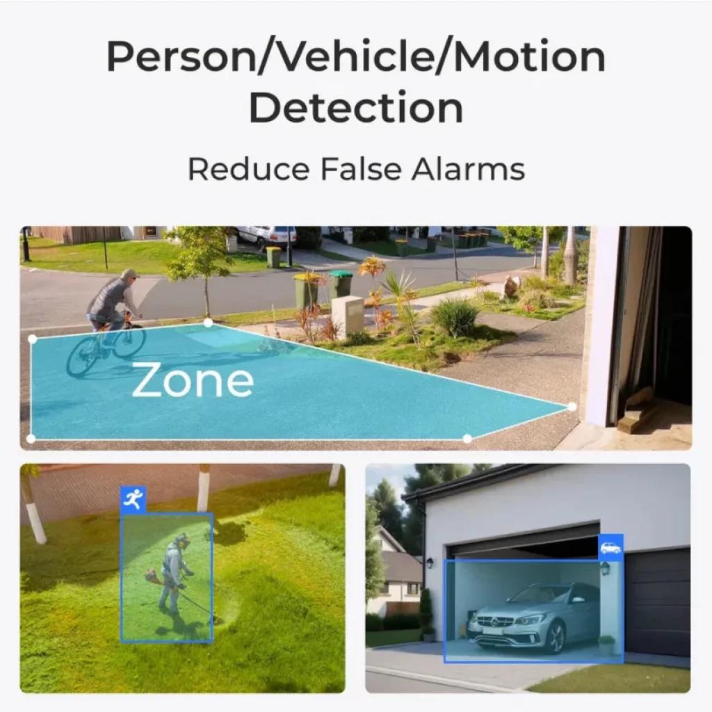 Interfaz de detección inteligente con zonas configurables para personas, vehículos y movimiento, mostrando alertas en exterior y garaje para la cámara