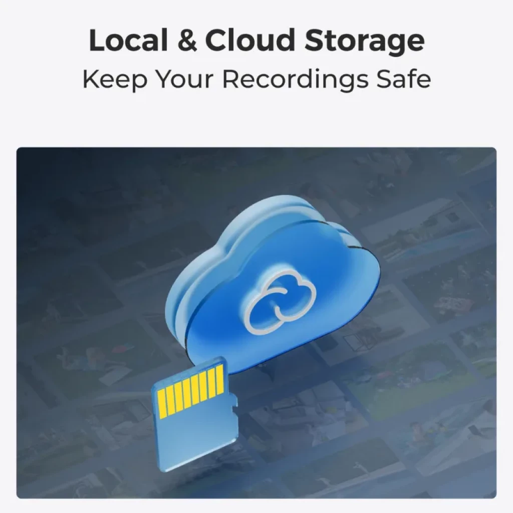 Icono de nube azul con símbolo de sincronización y tarjeta microSD amarilla, destacando almacenamiento local y en la nube para grabaciones seguras