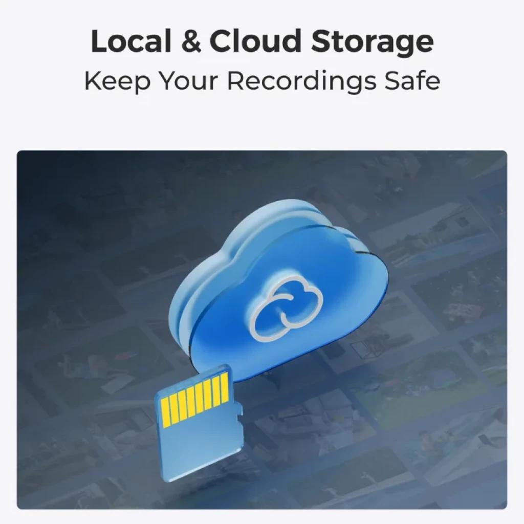 Icono de nube azul con símbolo de sincronización y tarjeta microSD amarilla, destacando almacenamiento local y en la nube para grabaciones seguras