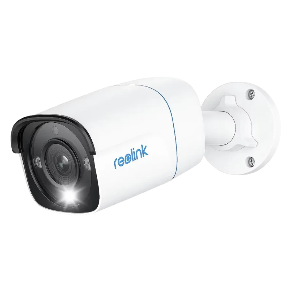 Reolink P330 Cámara bullet blanca para exterior con lente gran angular, LED integrado y carcasa resistente, montaje en pared ajustable