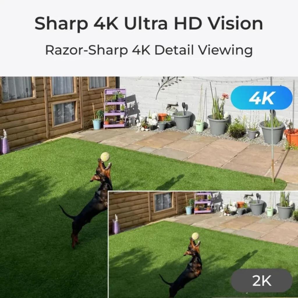 Reolink P330 con visión 4K ultra nítida; compara 4K vs 2K mostrando mayor detalle en exteriores, ideal para vigilar patios y jardines