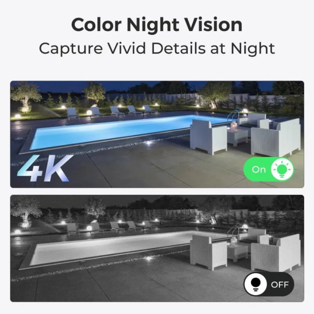 Reolink P330 con visión nocturna a color; compara escenas nocturnas en color vs blanco y negro, destaca claridad 4K y modo activado/desactivado