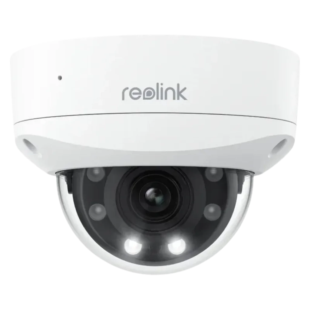 Reolink P437, cámara domo blanca con lente central y cuatro LEDs infrarrojos visibles